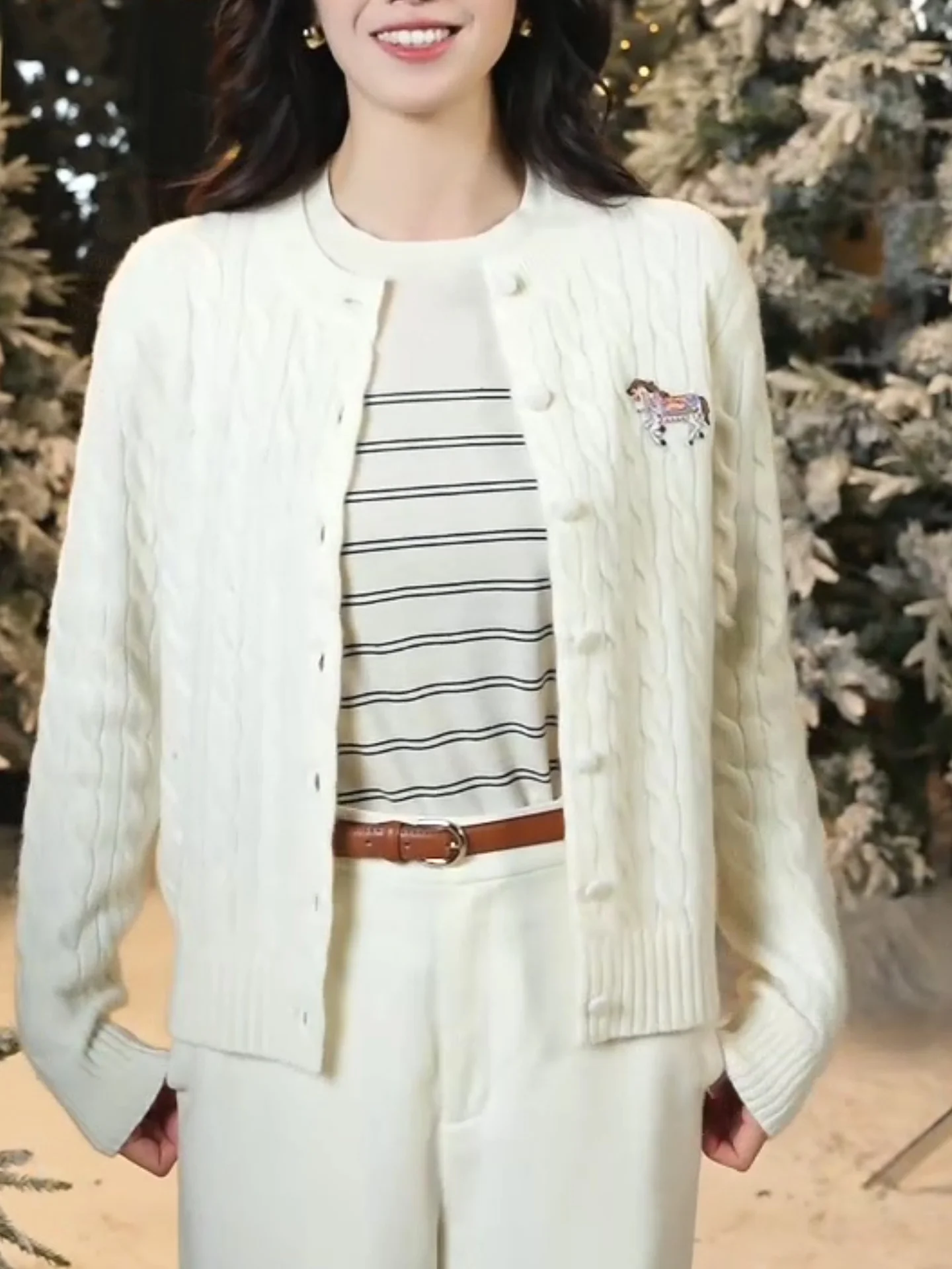 

Elegant Ageless Cartoon Embroidery Striped Knitted Open Cardigan Women's White Buttoned Sweater Jacket Fashionable Autumn Winter