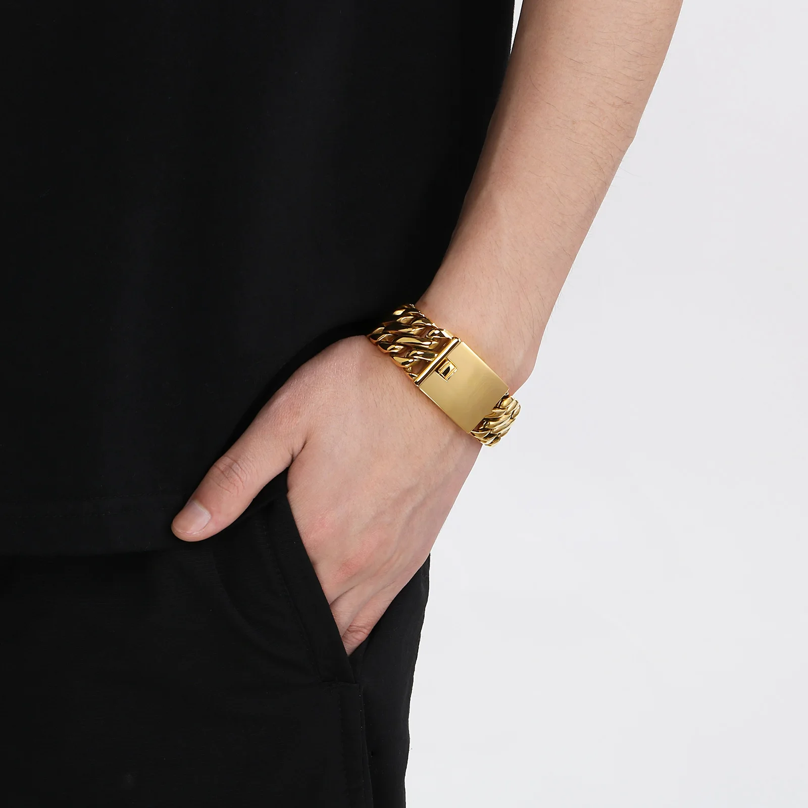 HAOYI Punk Charm Bracelet 23mm Womem Gold Color Stainless Steel Cuban Hand Chains For Men Fashion Party Jewelry Gift Free