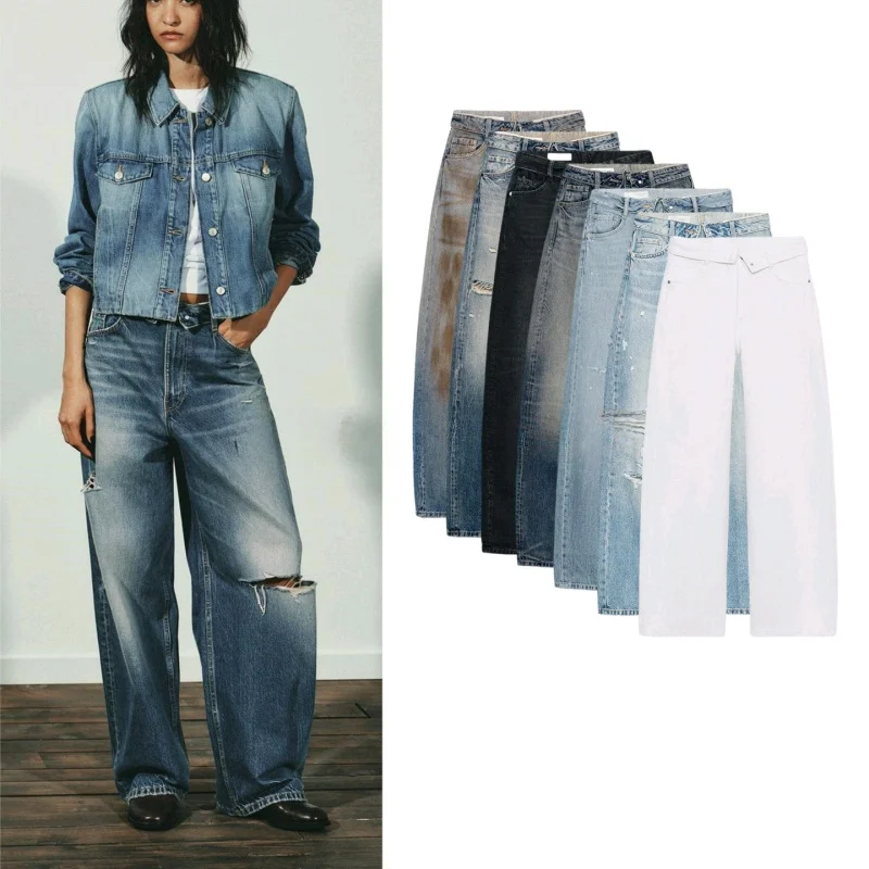 

Spring Summer New Women's Mid-Waist Cuffed Denim Jeans Natural Waist Loose Fit Polyester Fiber Button Closure Casual Style