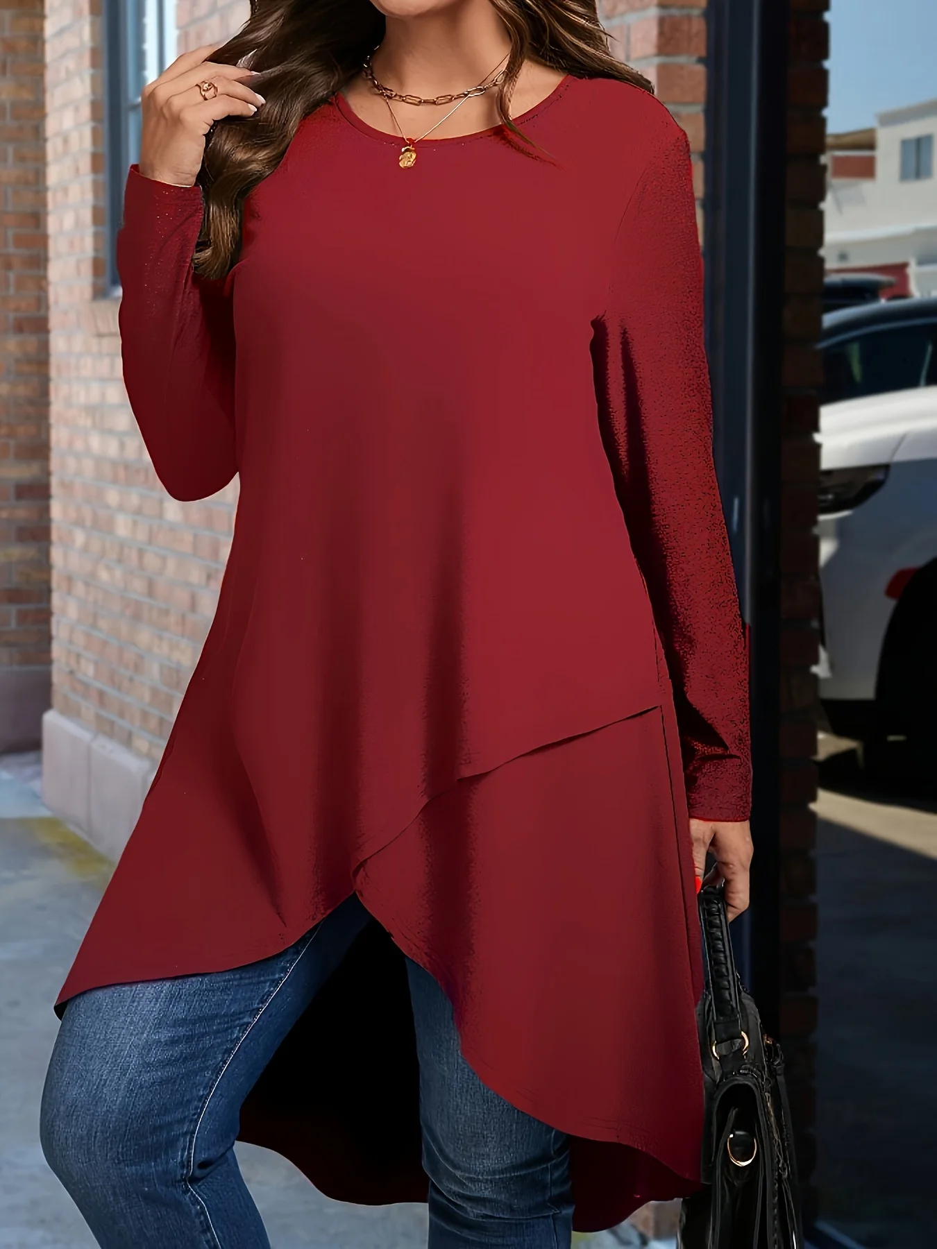 Plus Size Damen-T-Shirt mit elegantem asymmetrischem Saum und langen Ärmeln, Rundhalsausschnitt, lässiges Oberteil, einfarbig, Ganzjahres-Kleidungspullover – Detail 13