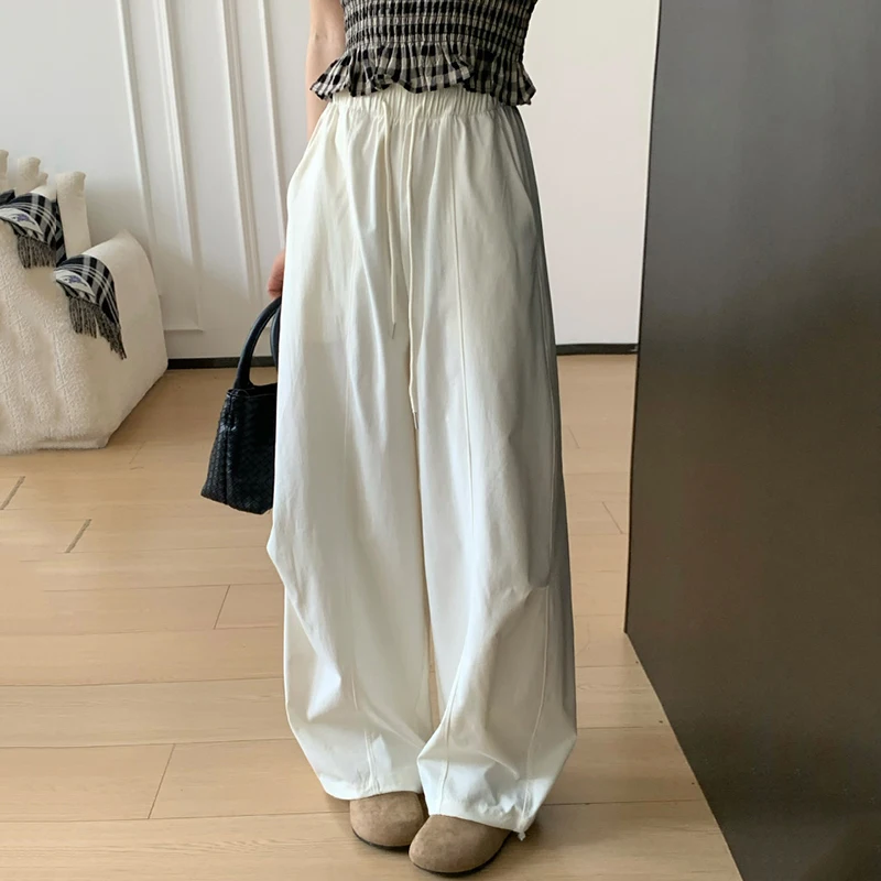 American Quick Drying Wide Leg Pants Women 2026 Summer Elastic Waist Thin Cargo Pants Woman Drawstring Baggy Casual Trousers