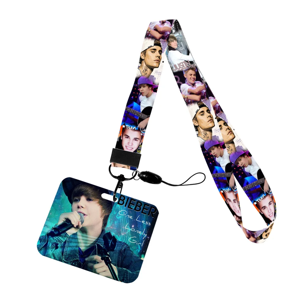 Famous Singers B Work Card Holder Work Justin Name Badge with Keychains Student Id Card Lanyard Holder Accessories