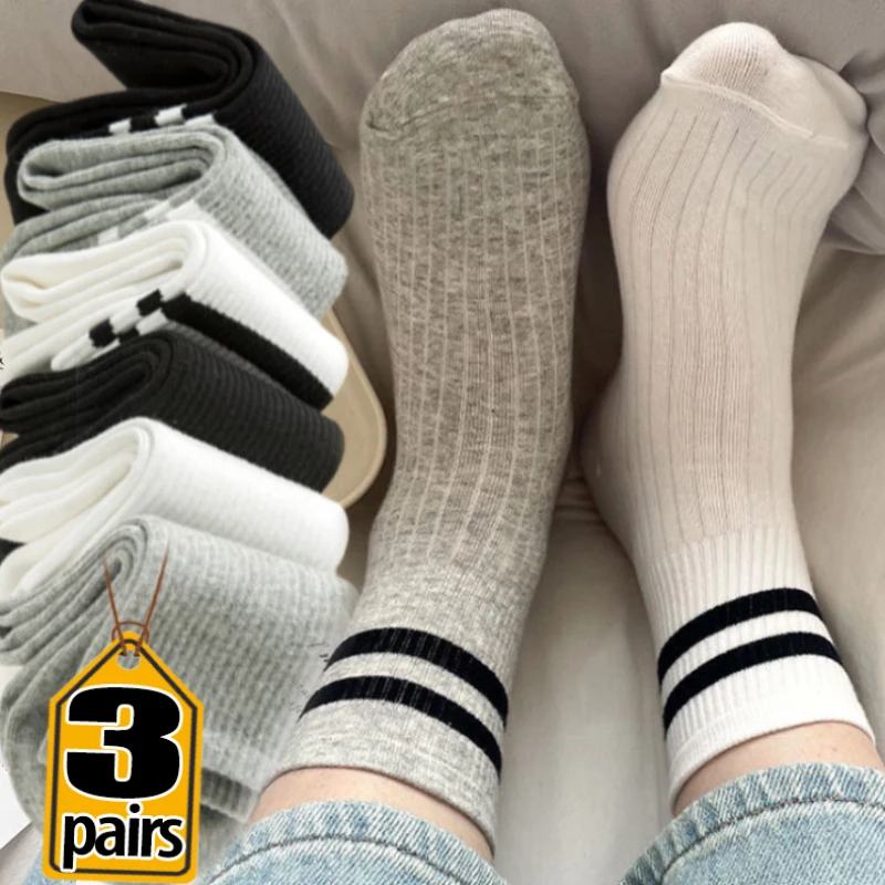 1/3pairs White Black Crew Socks for Women Men Casual Solid Color Cotton Middle Tube Socks Breathable Sports Striped Stockings