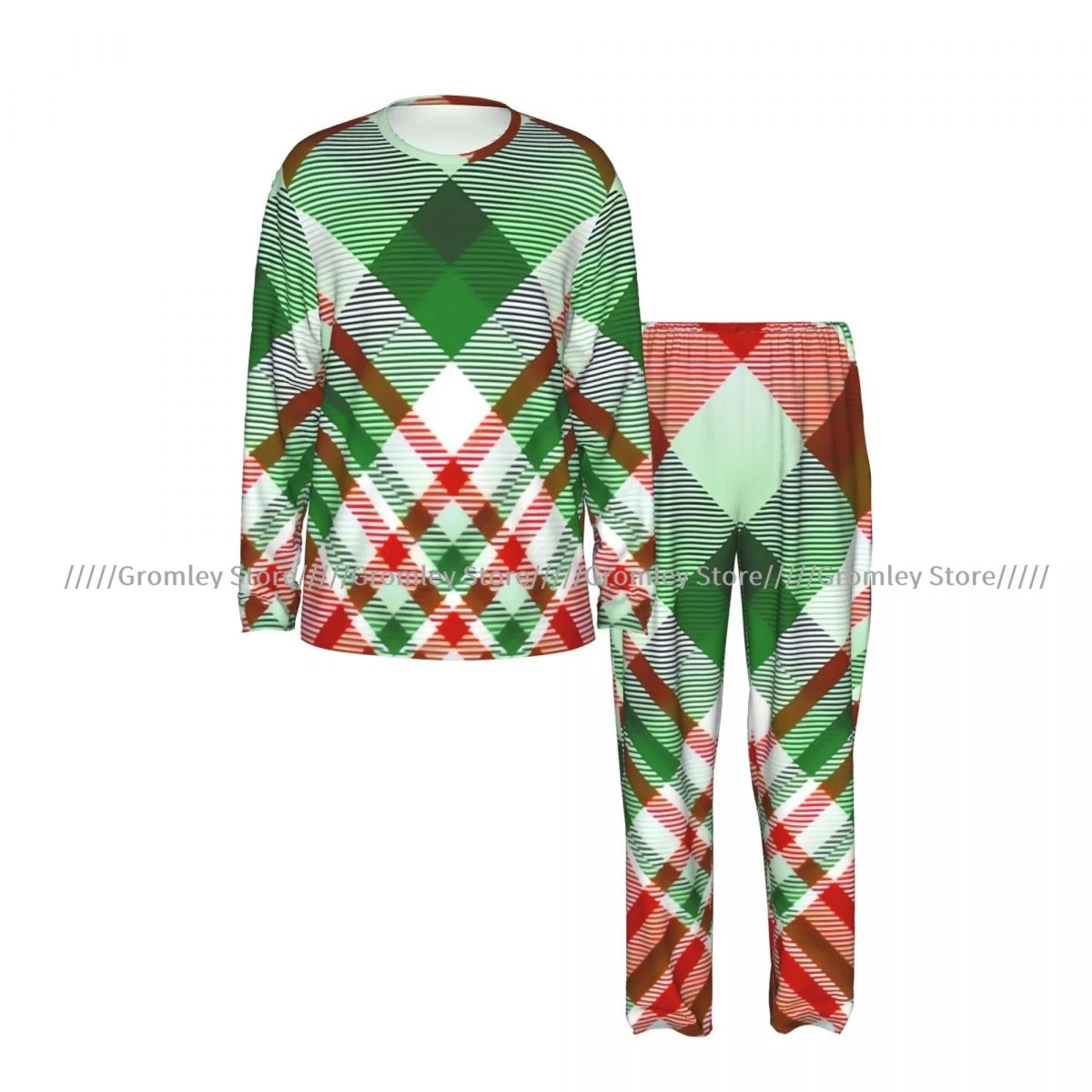 Men's Pajama Set Long Sleeve and Long Pants Christmas Plaid Check Pattern Soft Sleepwear for Home