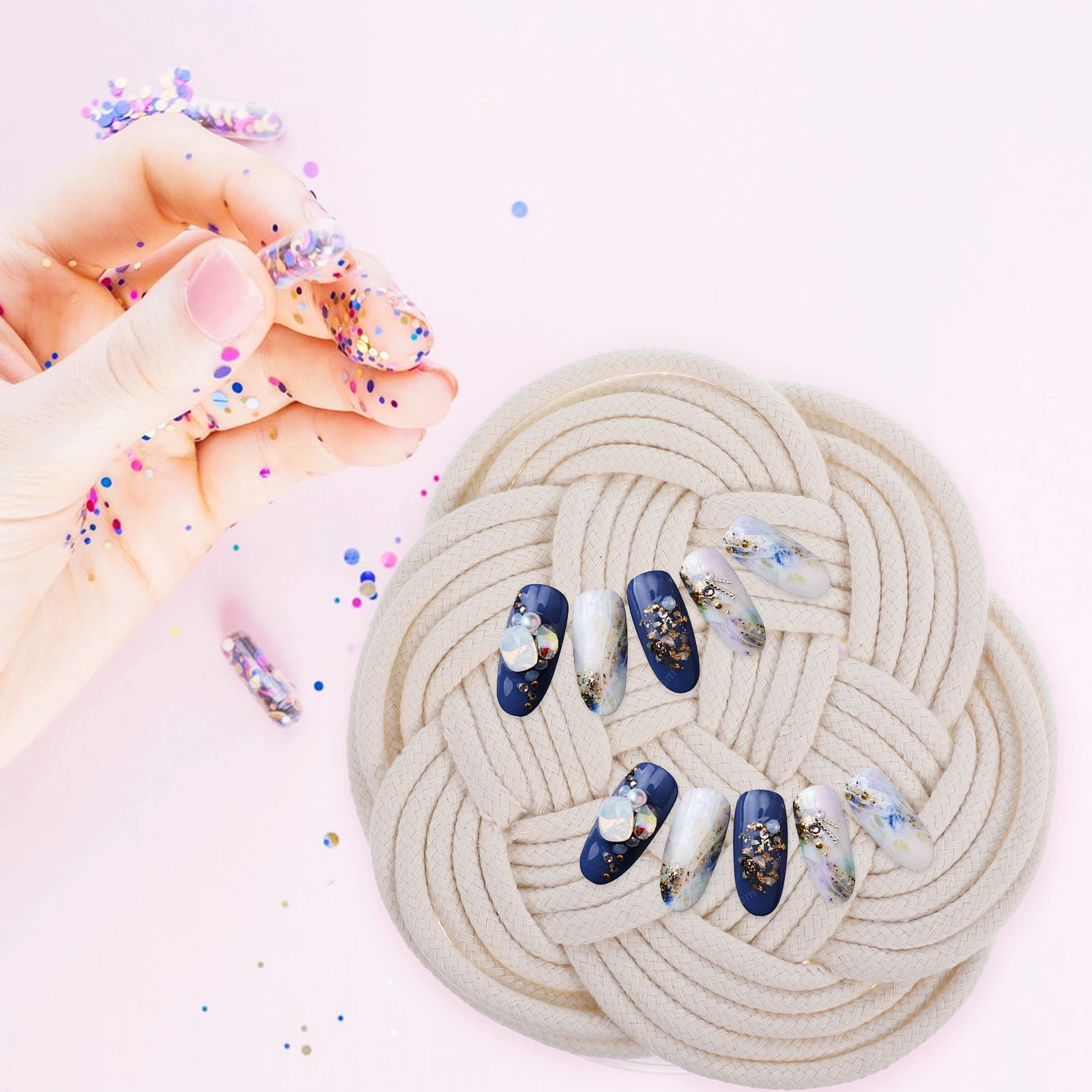 

Woven Display Tray Flax Cotton Thread Medium Size Elegant Nail Art Presentation Prop Woven Tray for Nails Nail Display Supplies