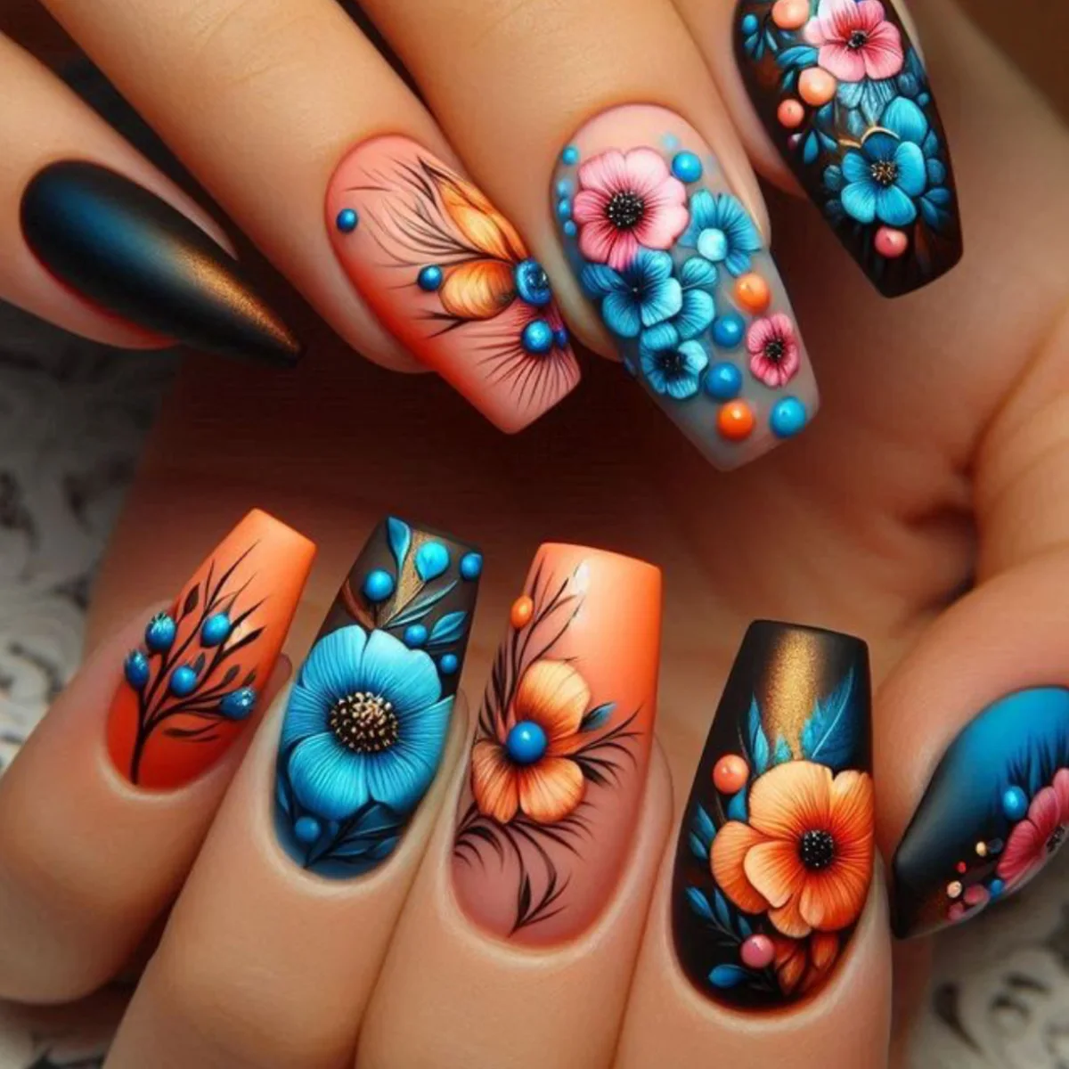 

24Pcs Mid-length Ballet False Nails Press on With Plant Flower Design Fake Nail for Woman Reusable Finished Full Cover Nail Tip