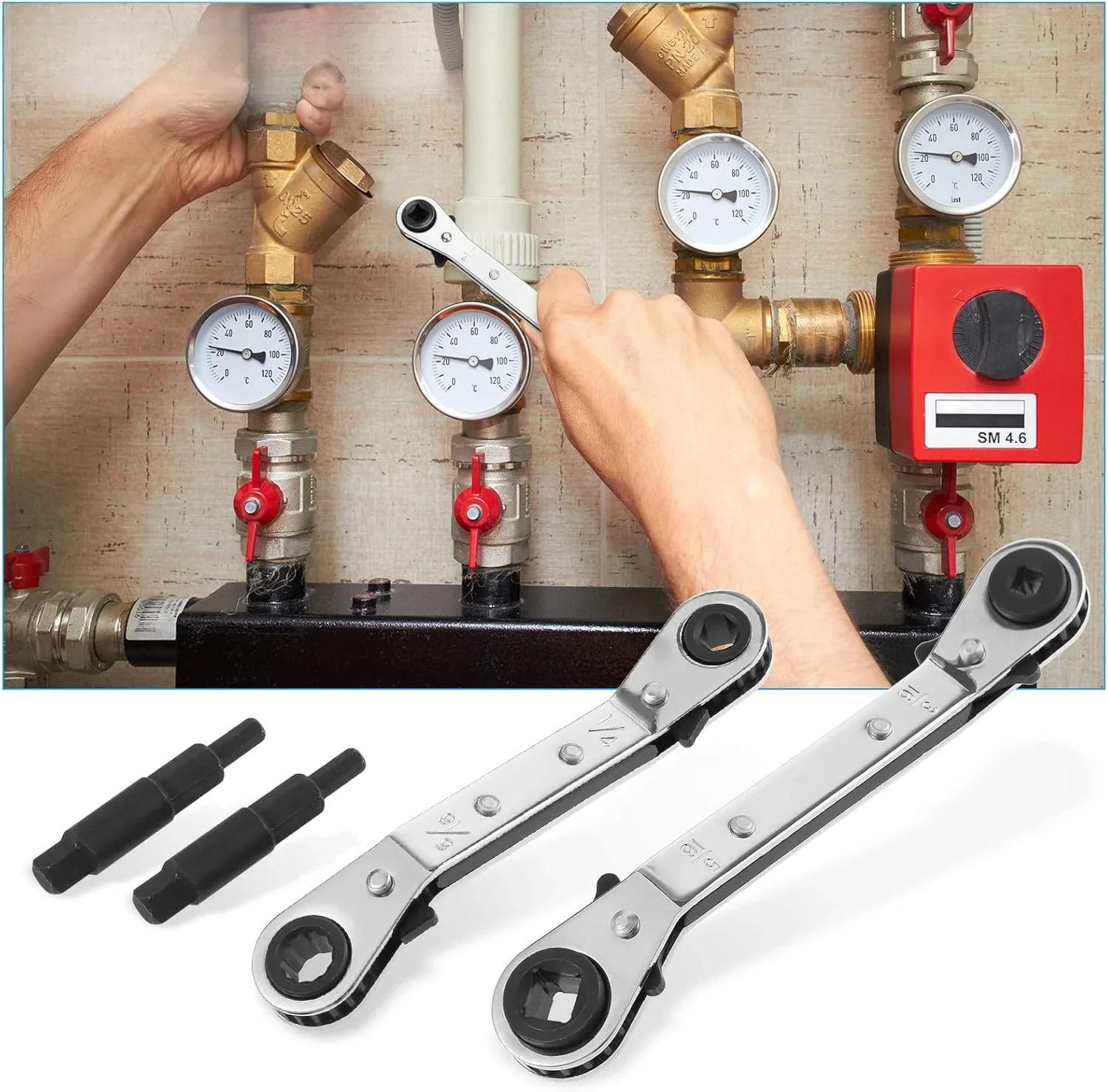 HVAC Service Wrench Tools Air Conditioner Valve Ratchet Wrench 3/16” to 3/8” 5/16'' x 1/4'' w/ 2 Hexagon Bit Adapter Repair Tool