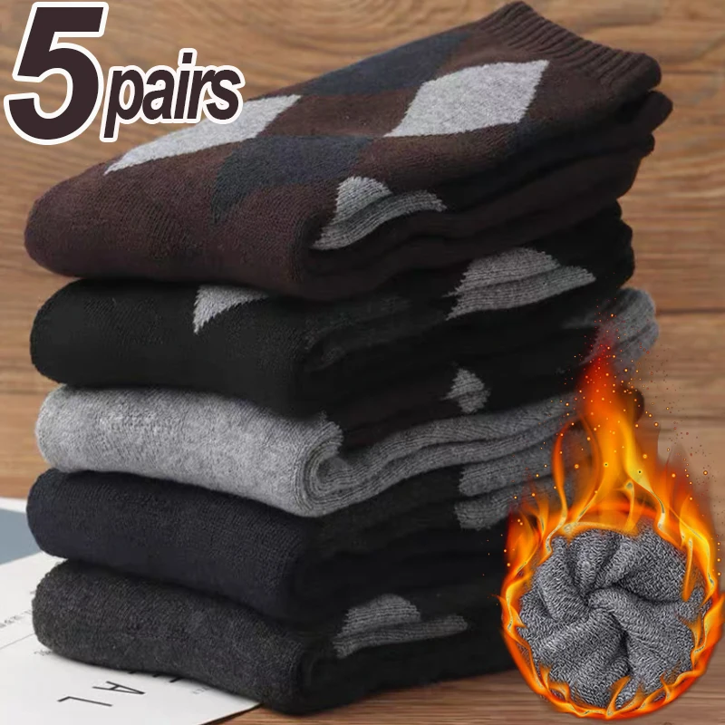 

5 Pairs Winter Men's Thick Warm Wool Socks Plaid Harajuku Retro Large Size Snow Leisure Antifreeze Cashmere Casual Long Socks