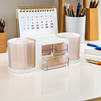 Dual Rotating Pen Holder with Drawer Plastic Desk Organizer Large Capacity Art Supplies Storage Box for Office Home Classroom