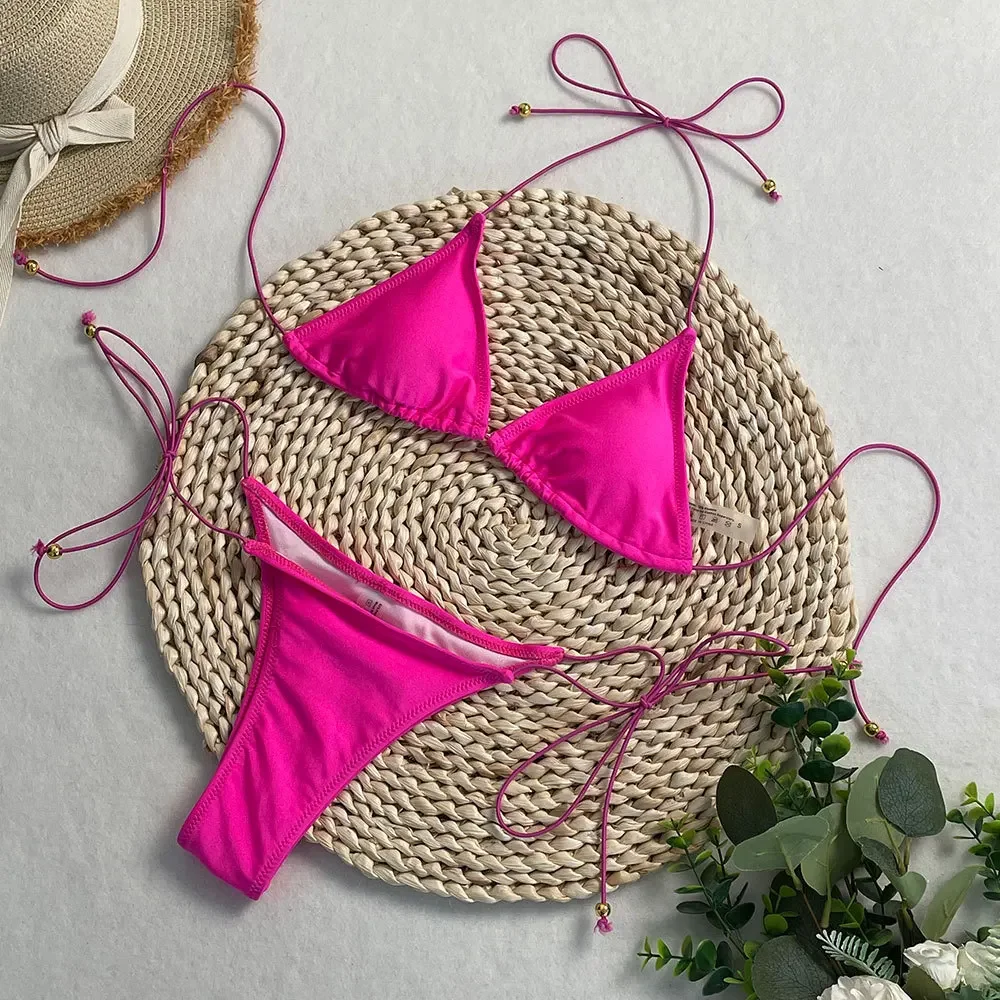 2025 New Women's Solid-color Separate Beach Wear Sexy Halter Three-point Bikini Backless Adjustable Lace-up Swimsuit