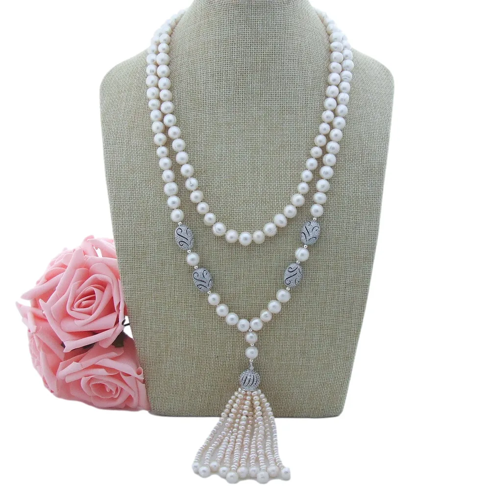 

2 Strands Cultured White Pearl Necklace Cubic Zirconia Pave Pendant 22"