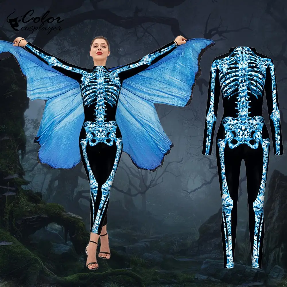 

Blue Butterfly Cloak Skeleton Jumpsuit Halloween Cosplay Costume Witch Bodysuit Women Catsuit Funny Carnival Performance Outfit