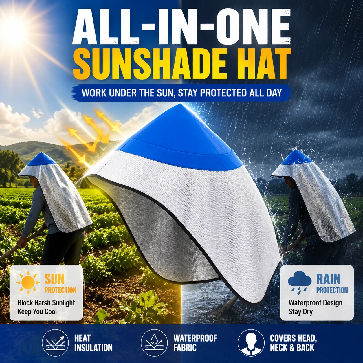 All-in-One Full Coverage Sun Hat Waterproof Heat Insulation Sun Protection Hat For Farming Gardening Fishing Outdoor Work