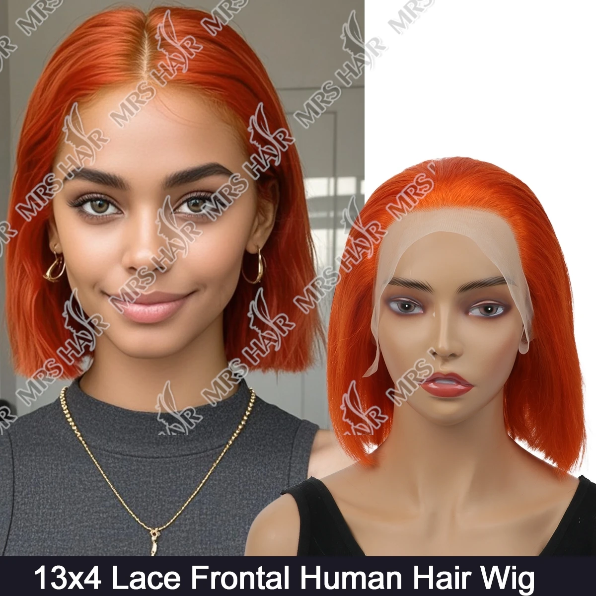 

MRSHAIR Short Bob Wig 13x4 Lace Front Wig Human Hair Glueless Transparent Lace 180% Density Straight Human Hair Wig Orange Color
