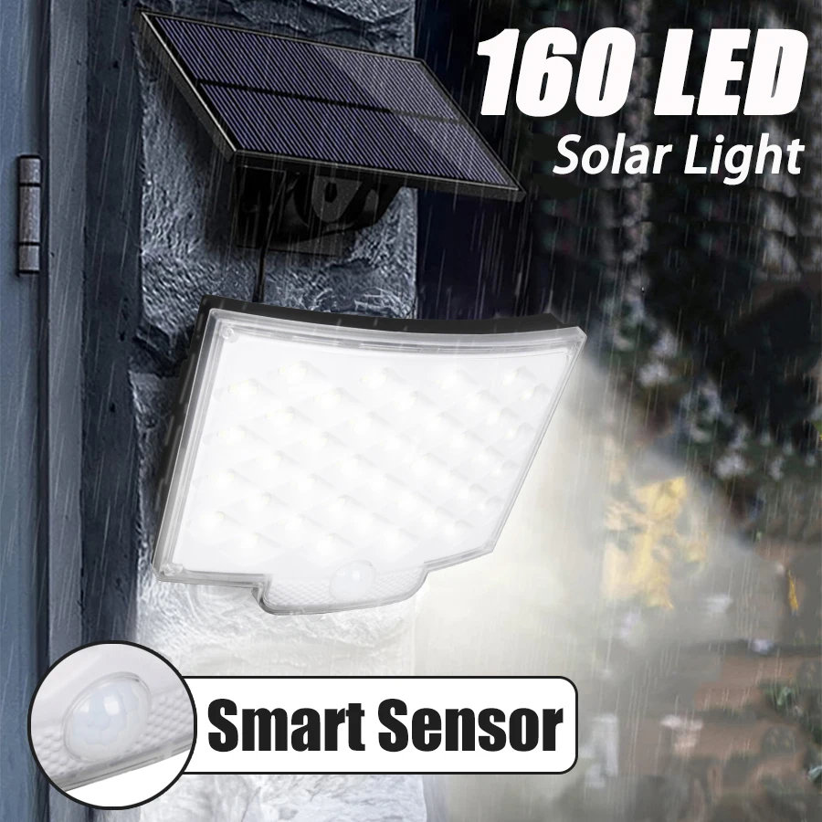 Luz solar ao ar livre 160 holofotes led ip65 à prova dip65 água sensor de movimento indução humana solar inundação segurança luzes parede 3 modos