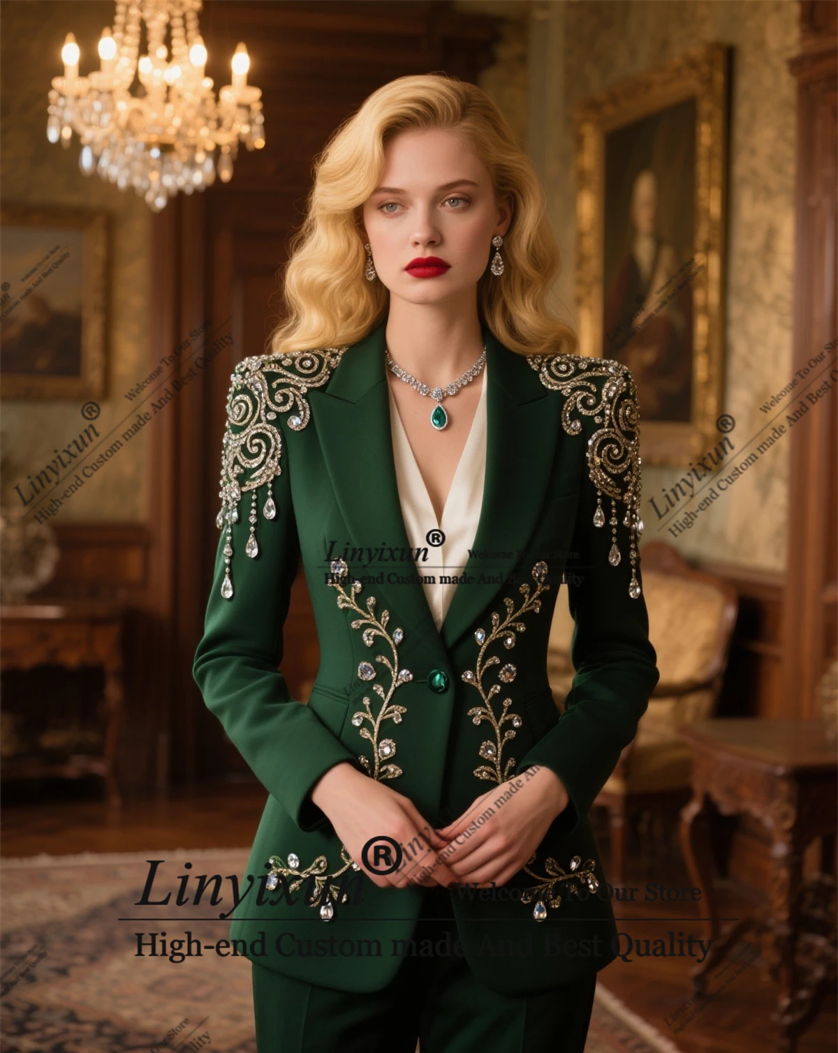 Luxury High-end Customized Women's Suit 2Pieces Jacket+Pants Slim Diamond crystal Luxury Womens Clothing Pant Set tailleur femm