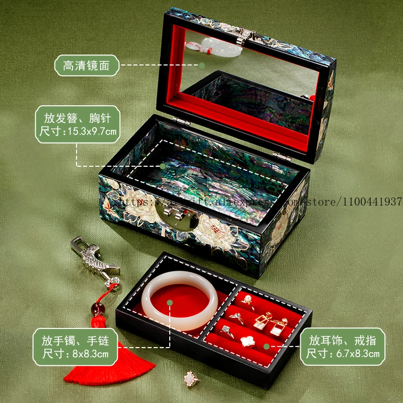 Chinese 'Birds & Flowers' Jewelry Box Guochao Style Mother-of-Pearl Lacquer Vintage Organizer for Rings Earrings Necklaces