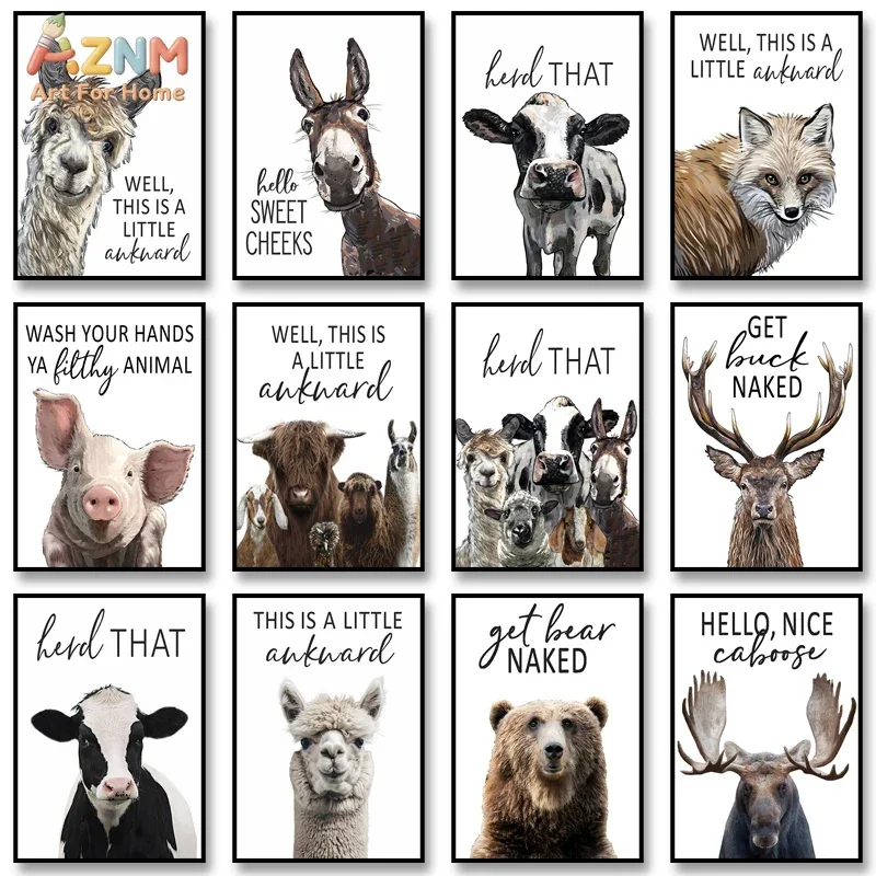 AZNM Funny Farm Animal Quote Canvas Wall Art, Cute Alpaca Cow Donkey Fox Print Unframed Painting, Humorous Bathroom Wall Decor F