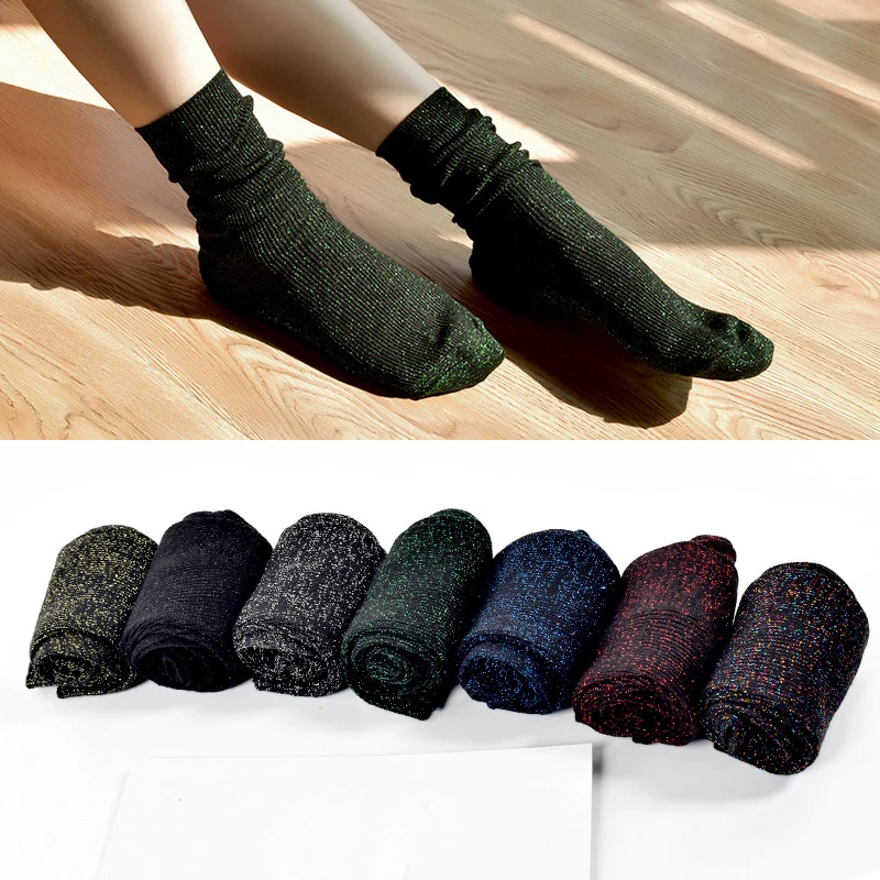 Filigree Glitter Socks For Women Harajuku Bright Loose Socks Female Lingerie Autumn Winter Fashion Breathable Shiny Stockings