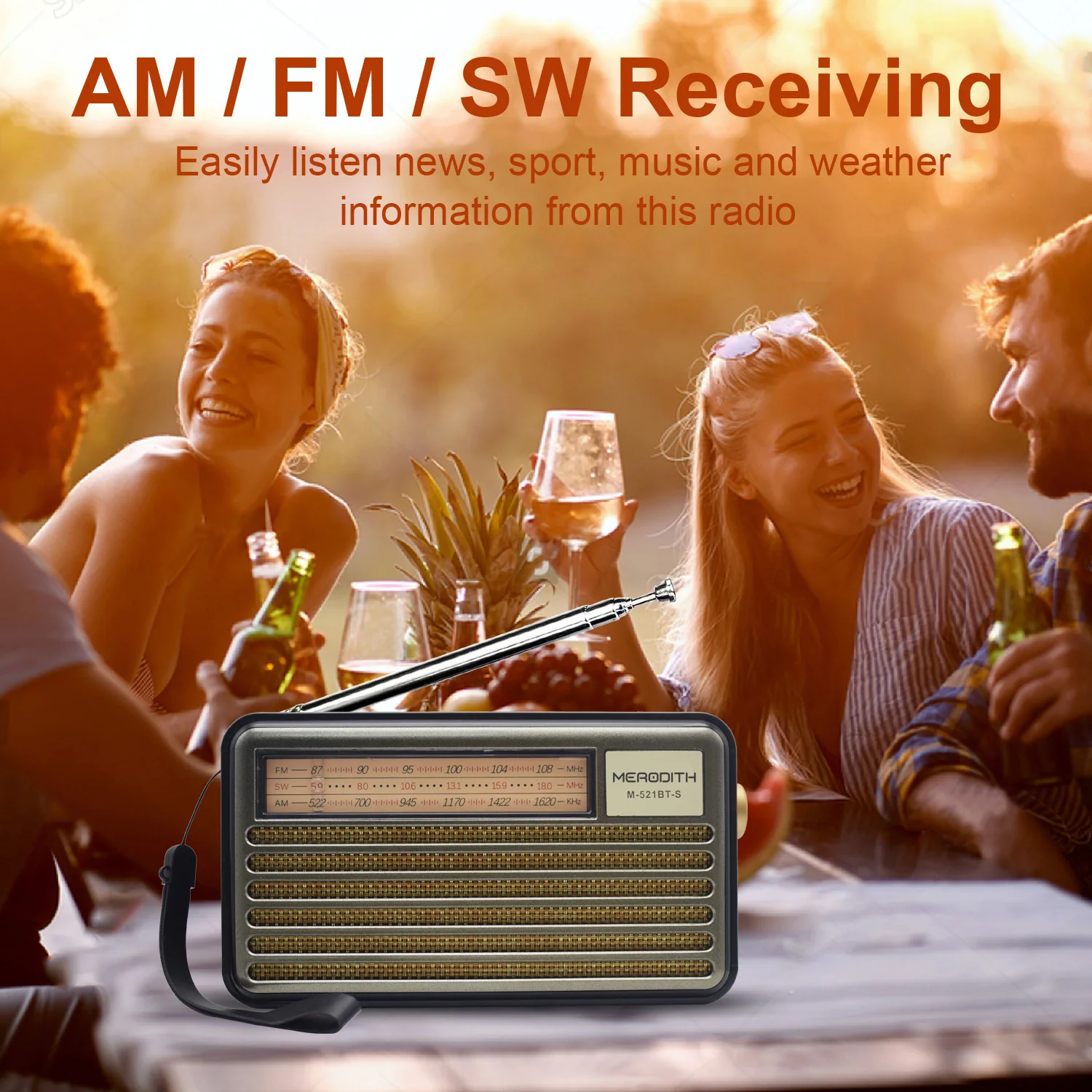 Multi function solar radio  AM FM short wave radio portable radio with Bluetooth speaker m-521bts FM radio retro