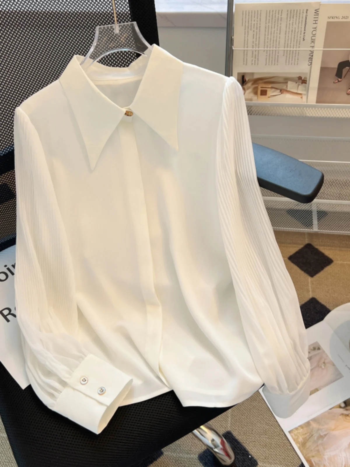 

Ele White Long Sve Ne Chiffon irt for Women Spring Autumn Winter Faionable Straight Cut Polyester Fiber