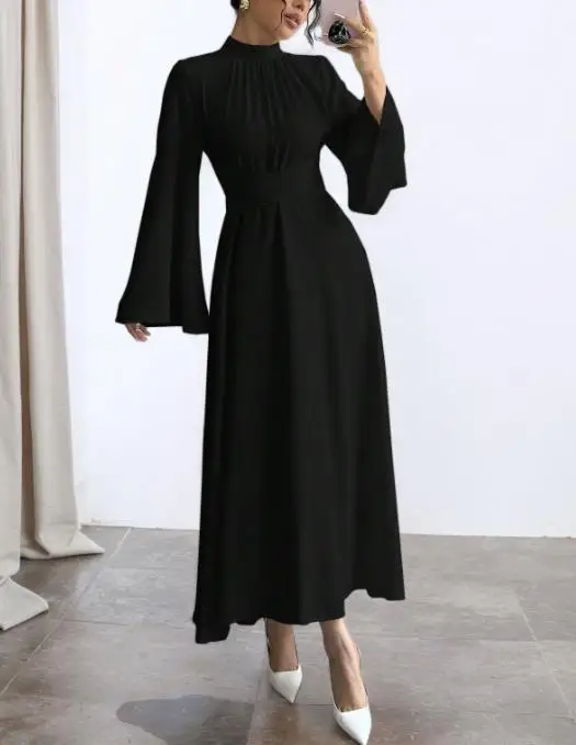 

Women Dress 2026 New Spring Autumn Stand Collar Long Sleeved Retro Flared Sleeve Cinched Waist Solid Color Lace Up Long Dress