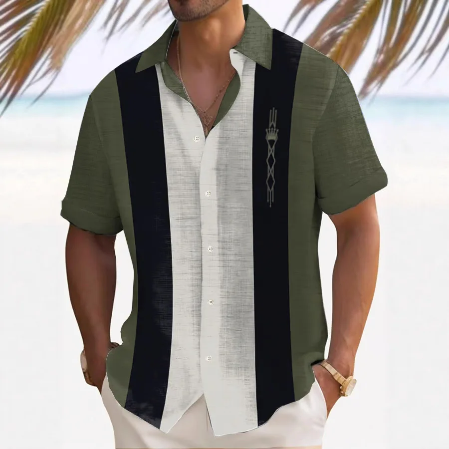 الرجال الرجعية بسيطة مخطط المتناقضة اللون ثلاثية الأبعاد قميص مطبوع قصيرة الأكمام التلبيب الأساسية هاواي شاطئ عطلة قميص حفلة #5