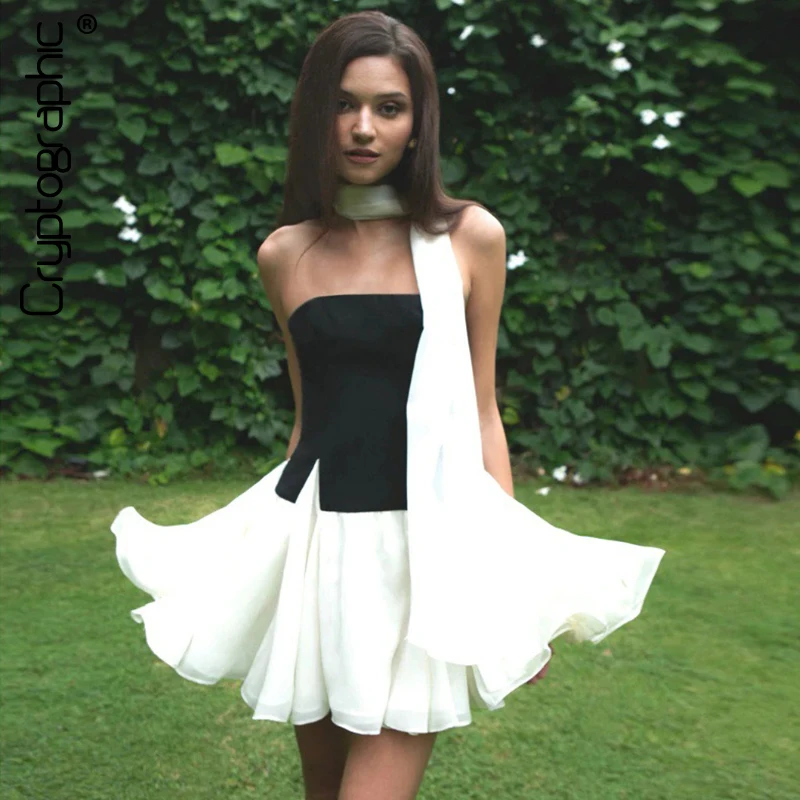 

Cryptographic Sexy Strapless 2 Piece Sets Club Party Outfits for Women Summer Neck Scarf Crop Top Mini Skirt Co-ords Set Clothes