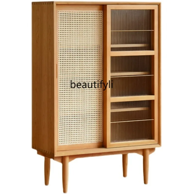 

Cherrywood Color Bookcase Rattan Glass Magazine Cabinet Living Room Bookshelf B & B Storage Side Cabinet furniture