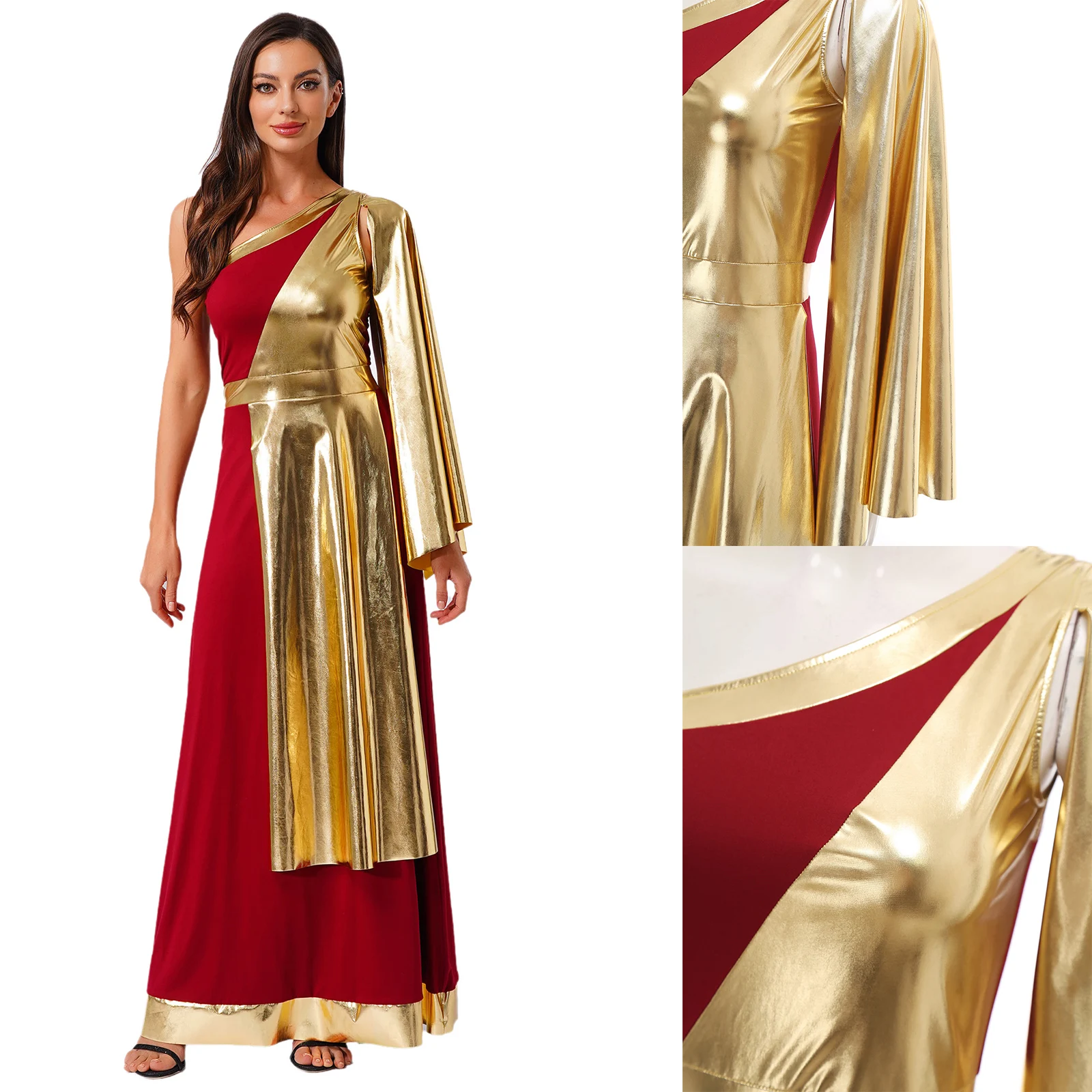 

Womens Ancient Greek Roman Beauty Cosplay Tunic Dress One Shoulder with Sleeveless Metallic Layer Toga Dress Halloween Costumes