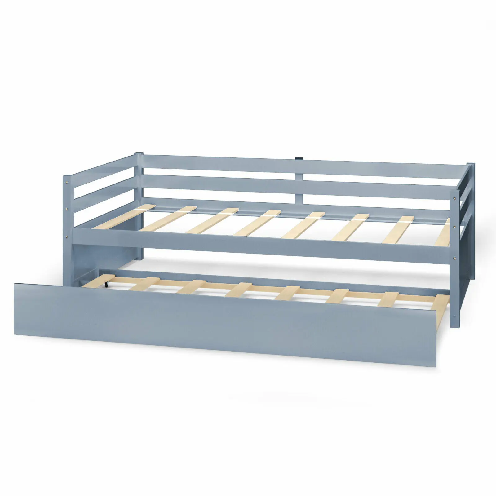 Twin Size Trundle Daybed Wooden Slat Support Mattress Platform for Kids Grey