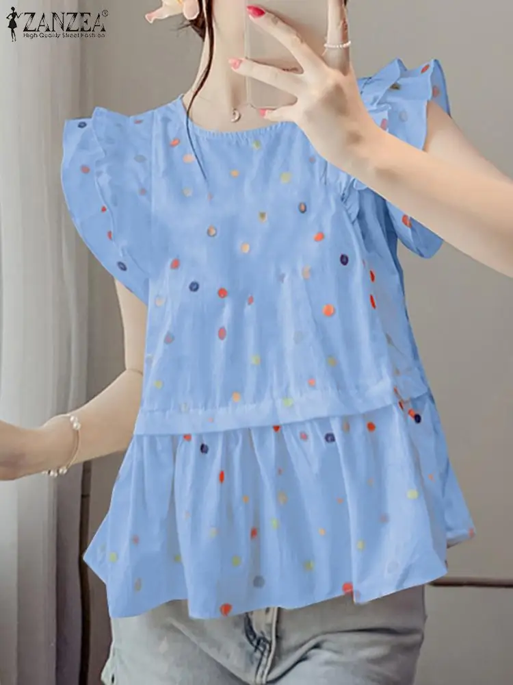 ZANZEA Sweety Korean Fashion Blouse Fashion Colorful Dot Ruffles Shirts Holiday Summer Stitching Pleats Tops Casual Loose Tunics