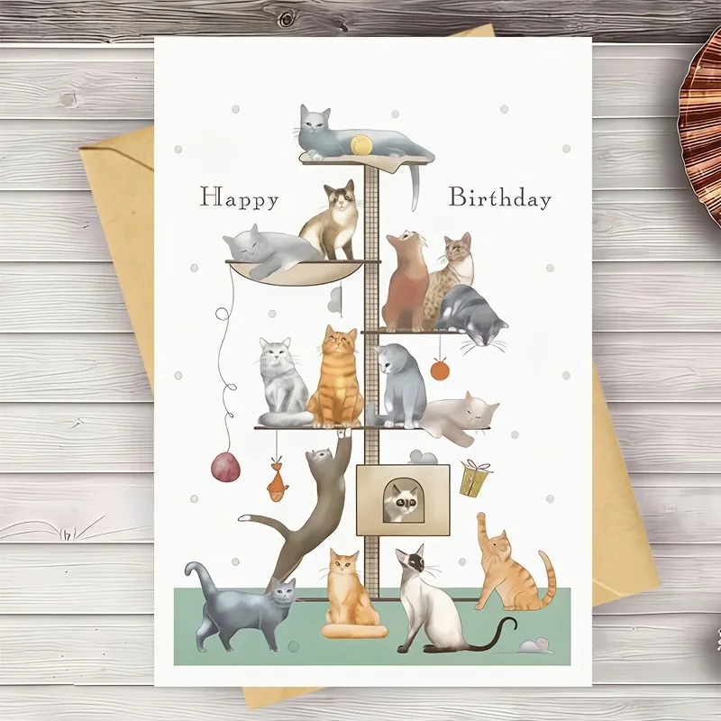 Multi-Layer Cat Tree Birthday Card, Watercolor Multi-Species Cute Cat Illustration Happy Birthday, Cat Lover'S Birthday