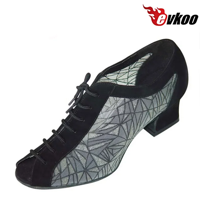 Evkoodance praktykująca buty do tańca czarne i Khaki nubuk i wzór siatka 4.5cm damskie buty balowe spersonalizowane damskie taniec Latin