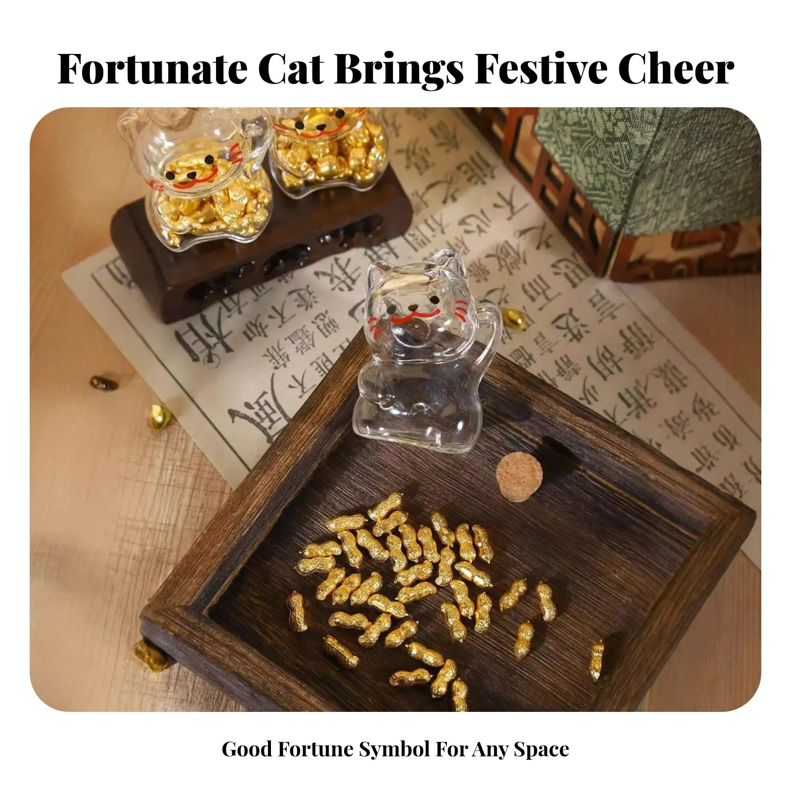 

Glass Cat Figurine with Gold Fortune Nuggets Wealth Attracting Auspicious Cat Glass Jar House Decoration Good Luck Token