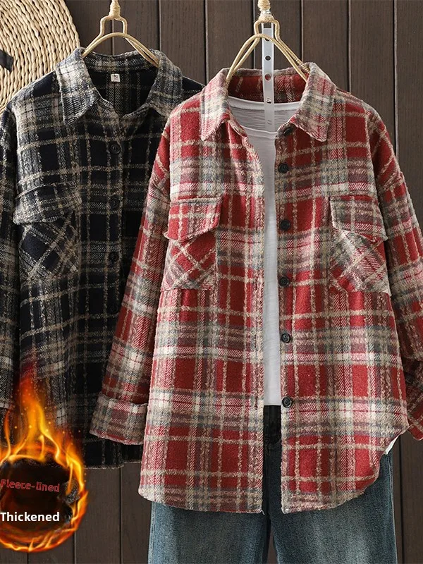 Thiened Wollen Plaid irt Dames Herfst Winter Koreaanse Sle Fce Gevoerd Casual Bovenkleding Loose Fit Warm High End irt