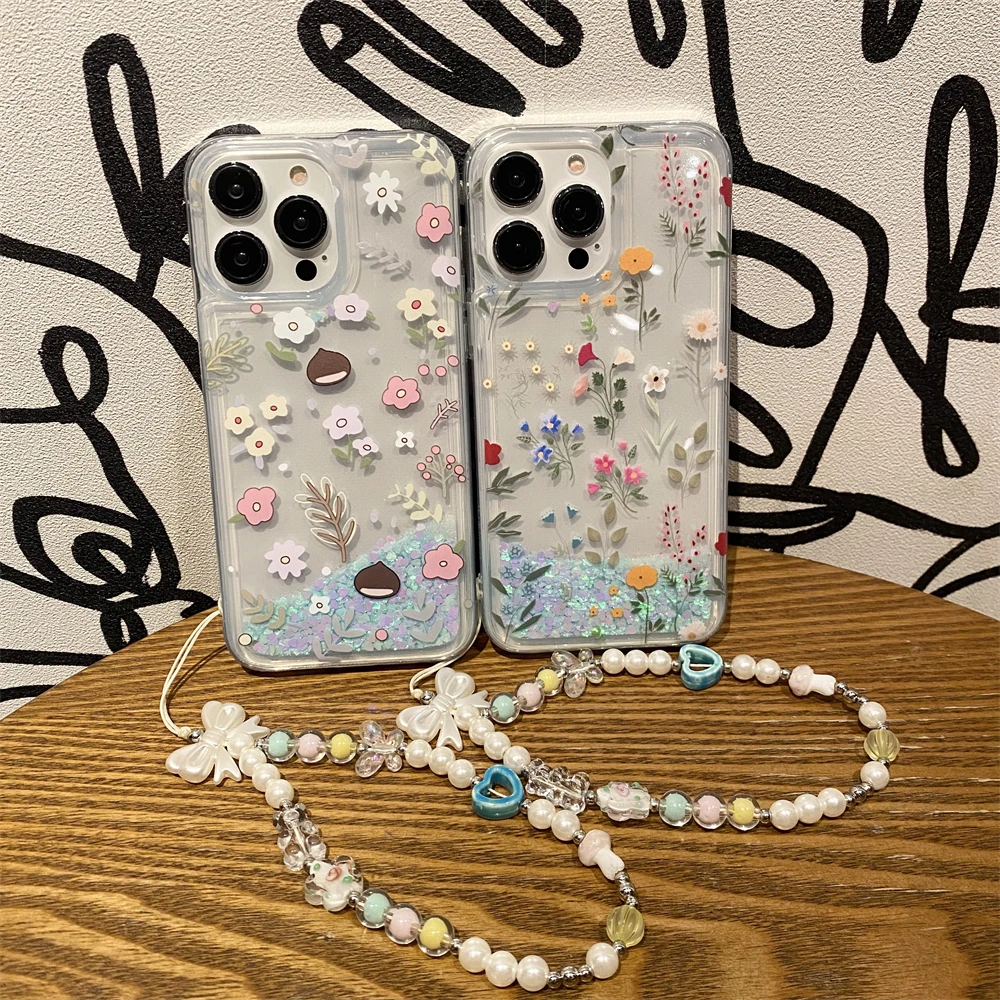 Flowers Glitter Liquid Quicksand Phone Case For iPhone 16 15 14 13 12 11 Pro Max Acrylic Cover Dynamic Sand Fundas Shell