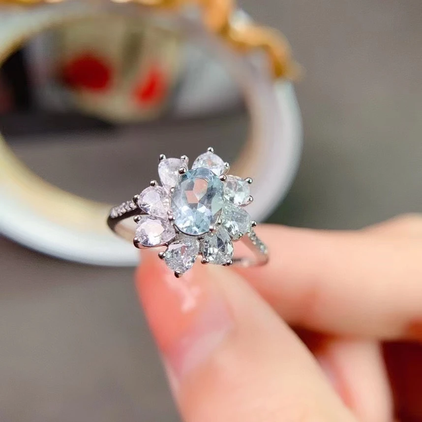 Anillo de Aguamarina azul claro Natural, joyería de Aguamarina sólida de plata 925, anillo de boda clásico de Aguamarina para mujer de 5mm x 7mm