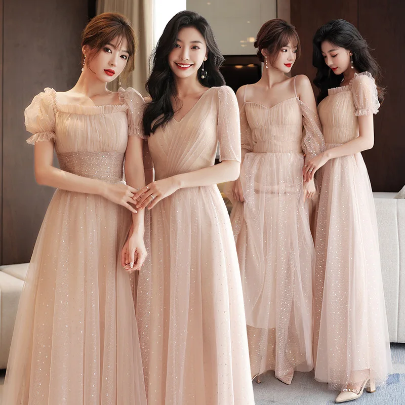 4 Styles Pink Bridesmaid Dress Sequin Tulle Slim Sister Group Dresses Ankle-Length A-Line Sweetheart Collar Wedding Party Gown