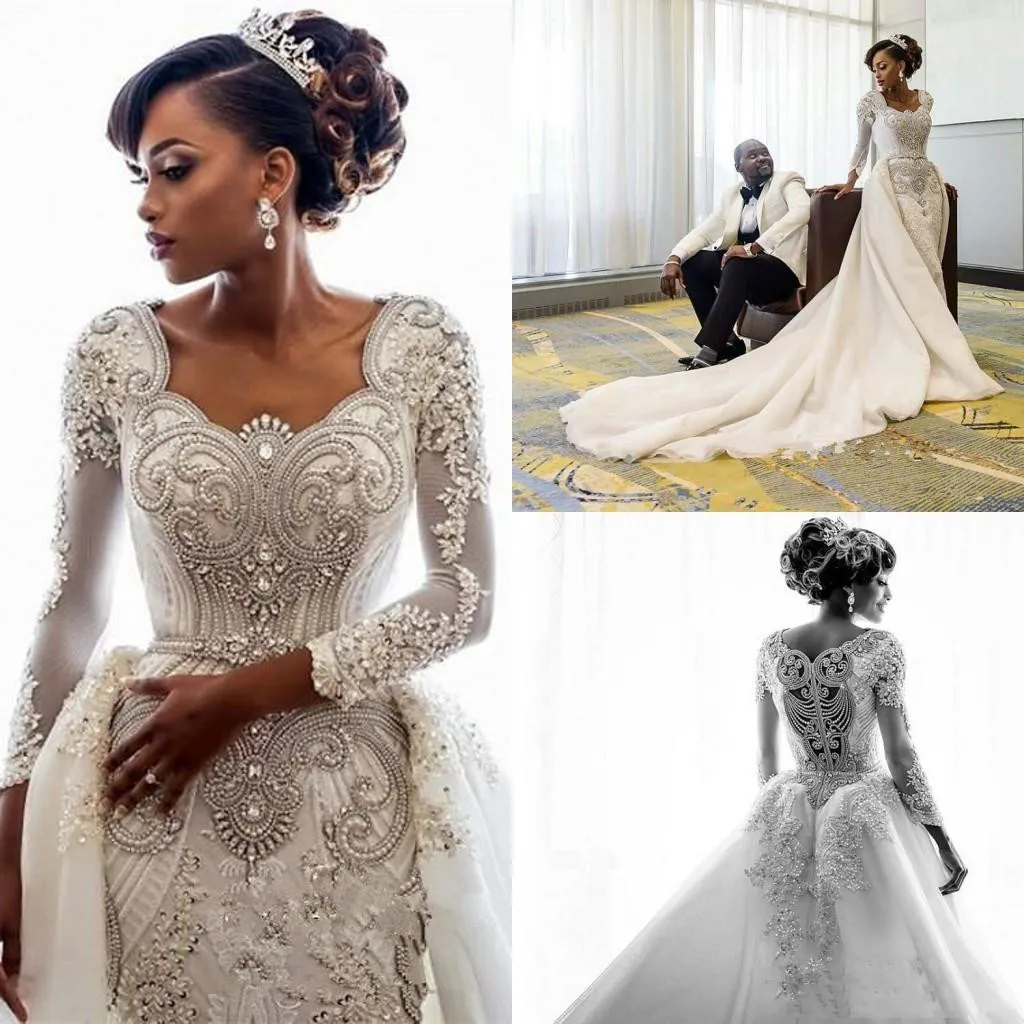 

Arabic Aso Ebi Luxury Mermaid Wedding Dresses Detachable Train Crystal Lace African Long Sleeve Bridal Gowns