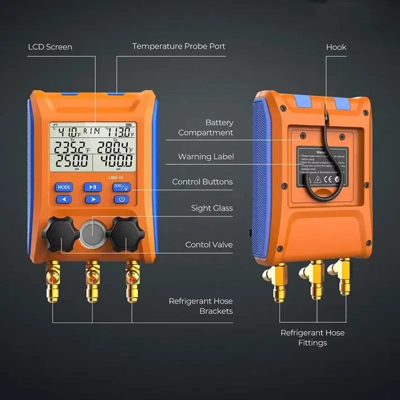 Elitech 2 Way Manifold Gauge Set with Thermometer Clamp R134a R410a R22 HVAC Refrigeration AC Charging Tool Kit