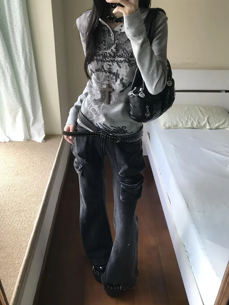 レトロアメリカントーテムプリント Wfle ヘンリーカラー ロングスリーブ Tシャツ レディース 秋 ベースレイヤー イート スパイシーガールトップ