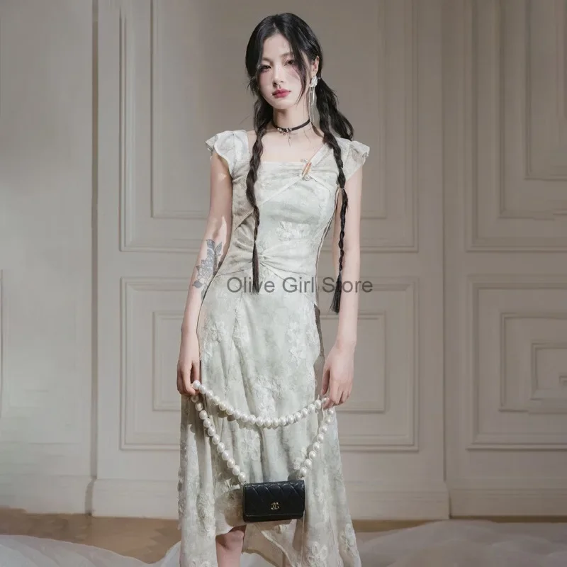 Flying Sleeve Jacquard Dress 2024 Summer Women's Dress New Improved New Chinese Elegant Sweet Sexy Temperament Clothing