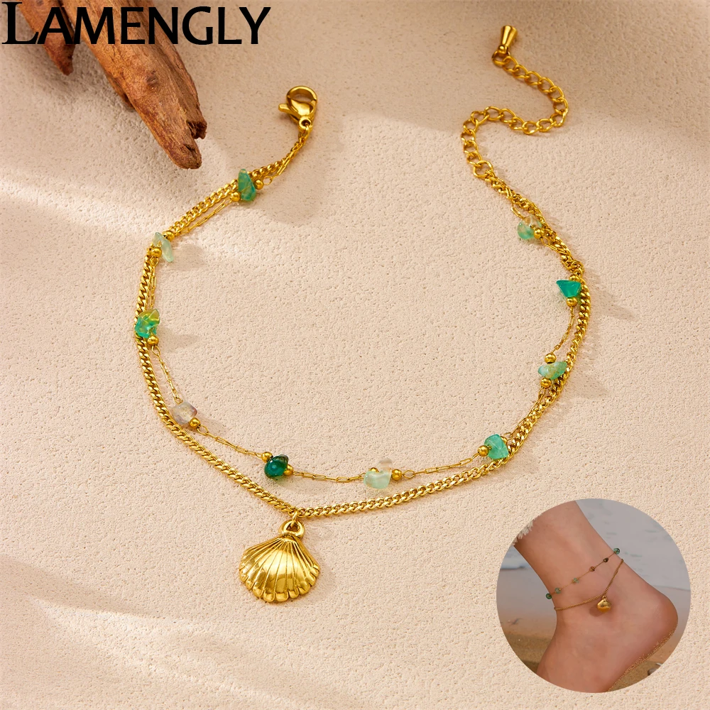 

LAMENGLY 316L Stainless Steel Fresh Green Acrylic Stone Big Shell Pendant Anklets For Women New Trend Foot Chain Leisure Gifts