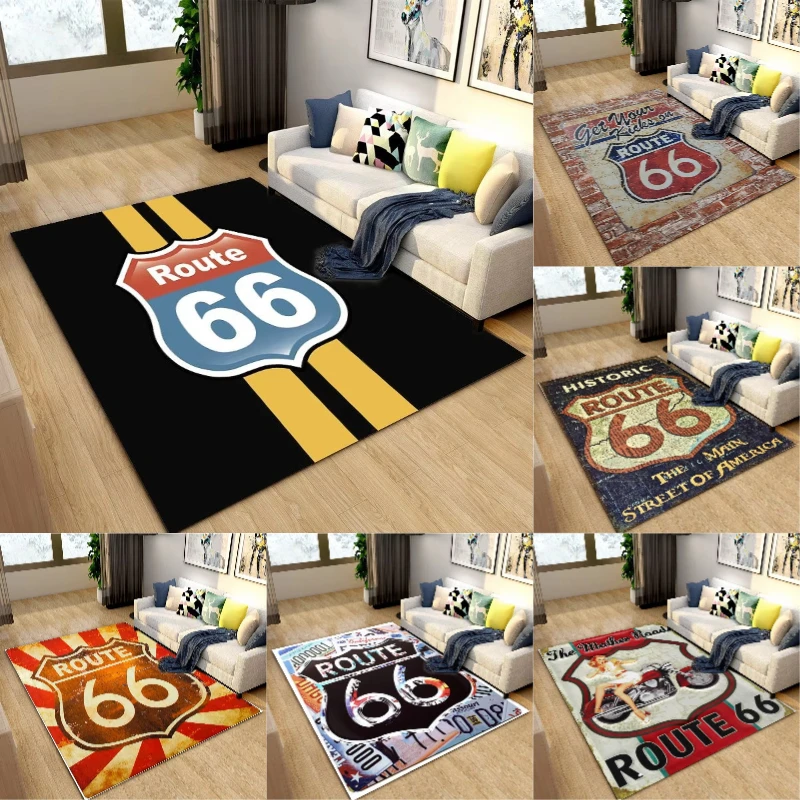 Vintage Route 66 Area Rug Historic US Highway Retro Distressed American Road Sign Design Non-Slip Floor Carpet for Living Room