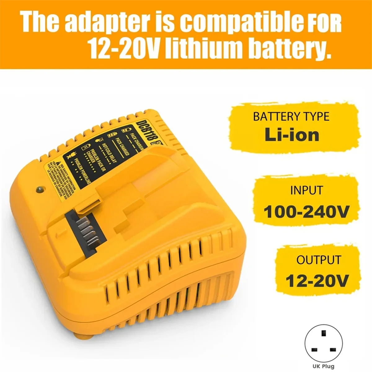 

ABFKL DCB118 DCB112 Lithium Battery Charger for Dewalt 10.8V 12V 14.4V 18V 20V DCB206 DCB205 DCB204 DCB203 DCB120 UK Plug
