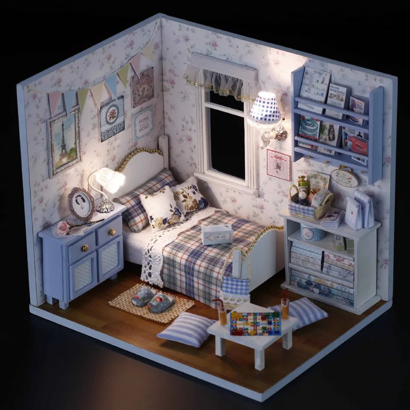 

Sunlit Cozy Bedroom Dollhouse DIY Miniature Set - LED Light Included Creative Artistic Home Decor Gift