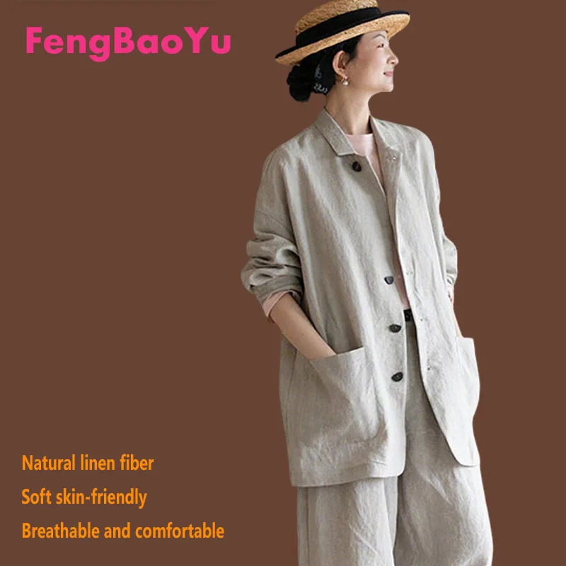 

Fengbaoyu 100% Natural Linen Women's Suit Outdoor Casual Jacket Comfortable and Natural Shirt Suitable for Spring and Autumn