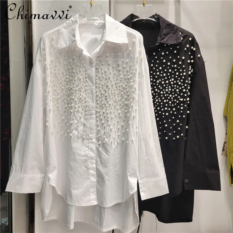 

European Heavy Industry Beads White Shirt Women's 2024 Autumn New Loose Long Sleeve Lapel Shirt Casual Blouse Ladies Top