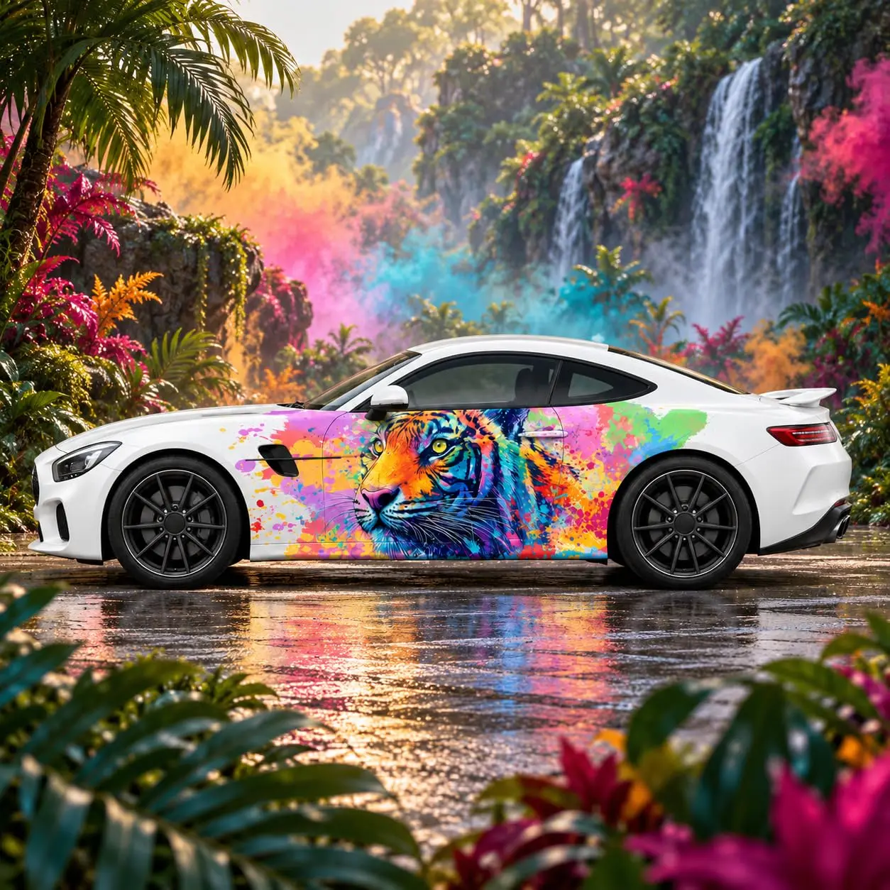 Colorful Tiger Car Side Vinyl Wrap Decal, Paint Splash Art